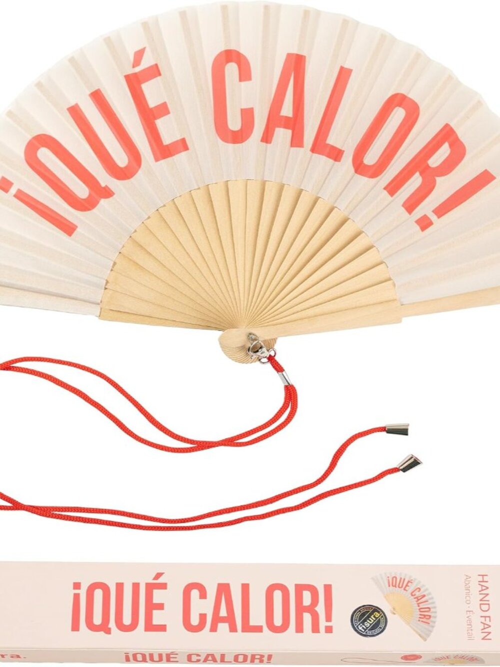 Original Beige Folding Fan with Message qué calor, Wooden Handheld Fan for Women